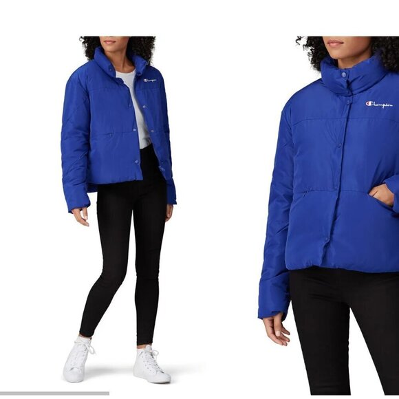 Champion Jackets & Blazers - Champion Blue Script Crop Puffer Jacket Sporty Outdoor Streetwear Women's Large